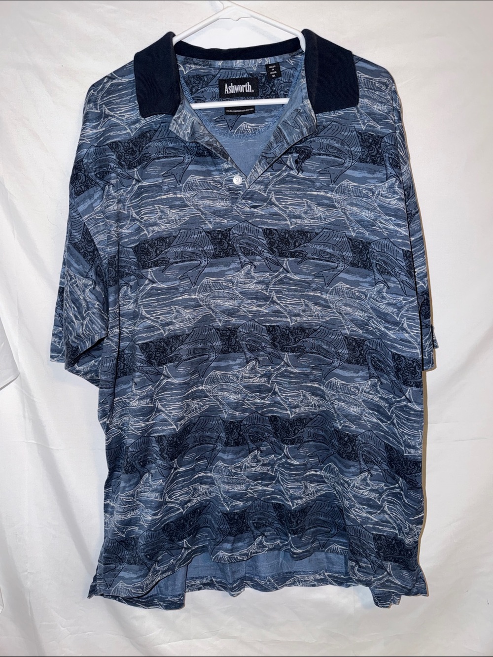 Ashworth Navy and Light Blue Sword Fish-Pattern Polo
